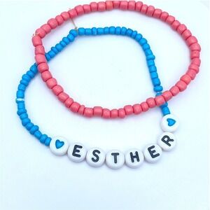 Lot of 2 Pink Blue Seed Beaded Personalized Name "Esther" Cord Stretch Bracelet
